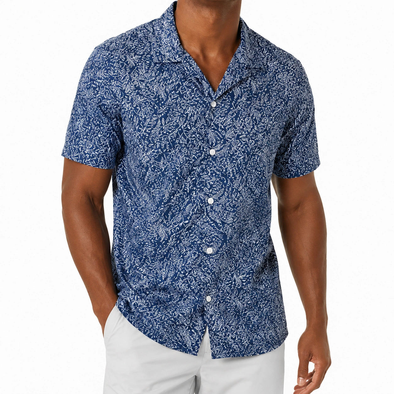 Camicia uomo taglia M blu con stampa botanica maniche corte vestibilità regolare