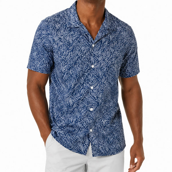 Camicia uomo taglia M blu con stampa botanica maniche corte vestibilità regolare