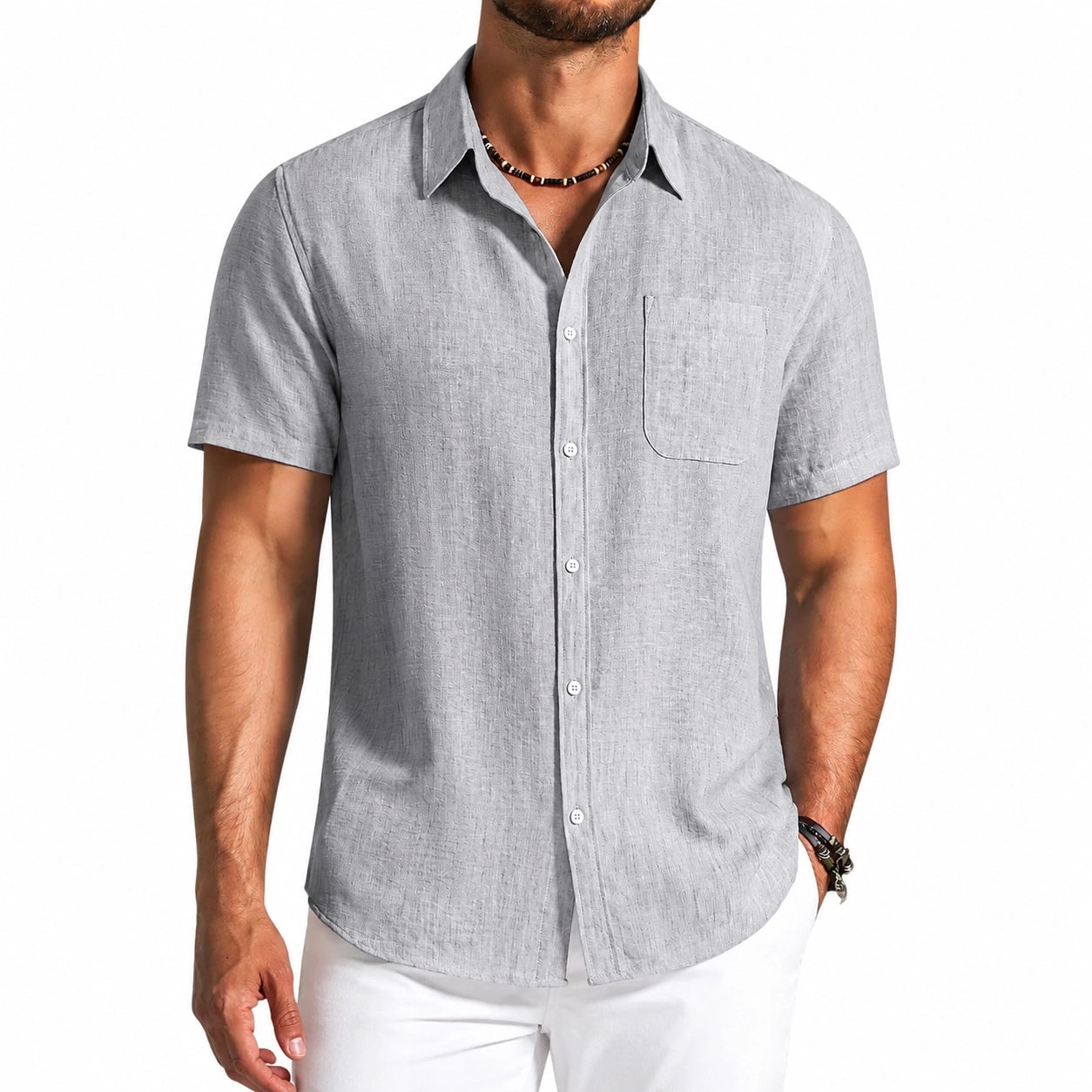 Camicia da uomo M grigio chiaro a maniche corte con taschino stile casual