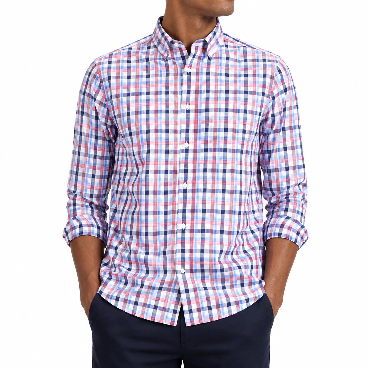 Camicia uomo taglia L in tessuto a quadri blu rosso e bianco - stile casual con colletto button-down