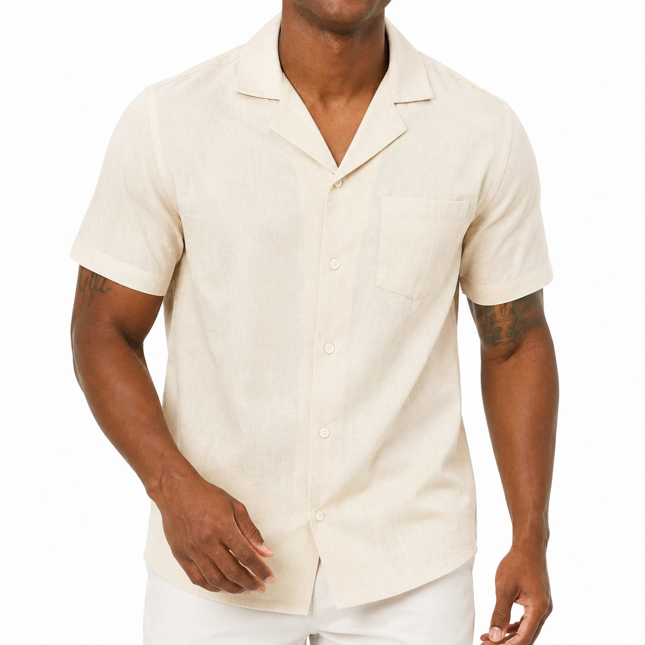 Camicia da uomo L in lino beige a maniche corte stile resort