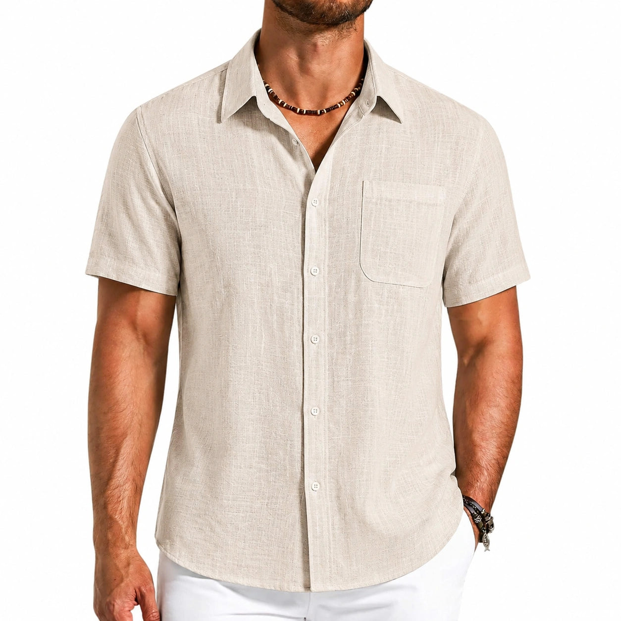 Camicia da uomo taglia L in tessuto effetto lino beige a maniche corte stile casual