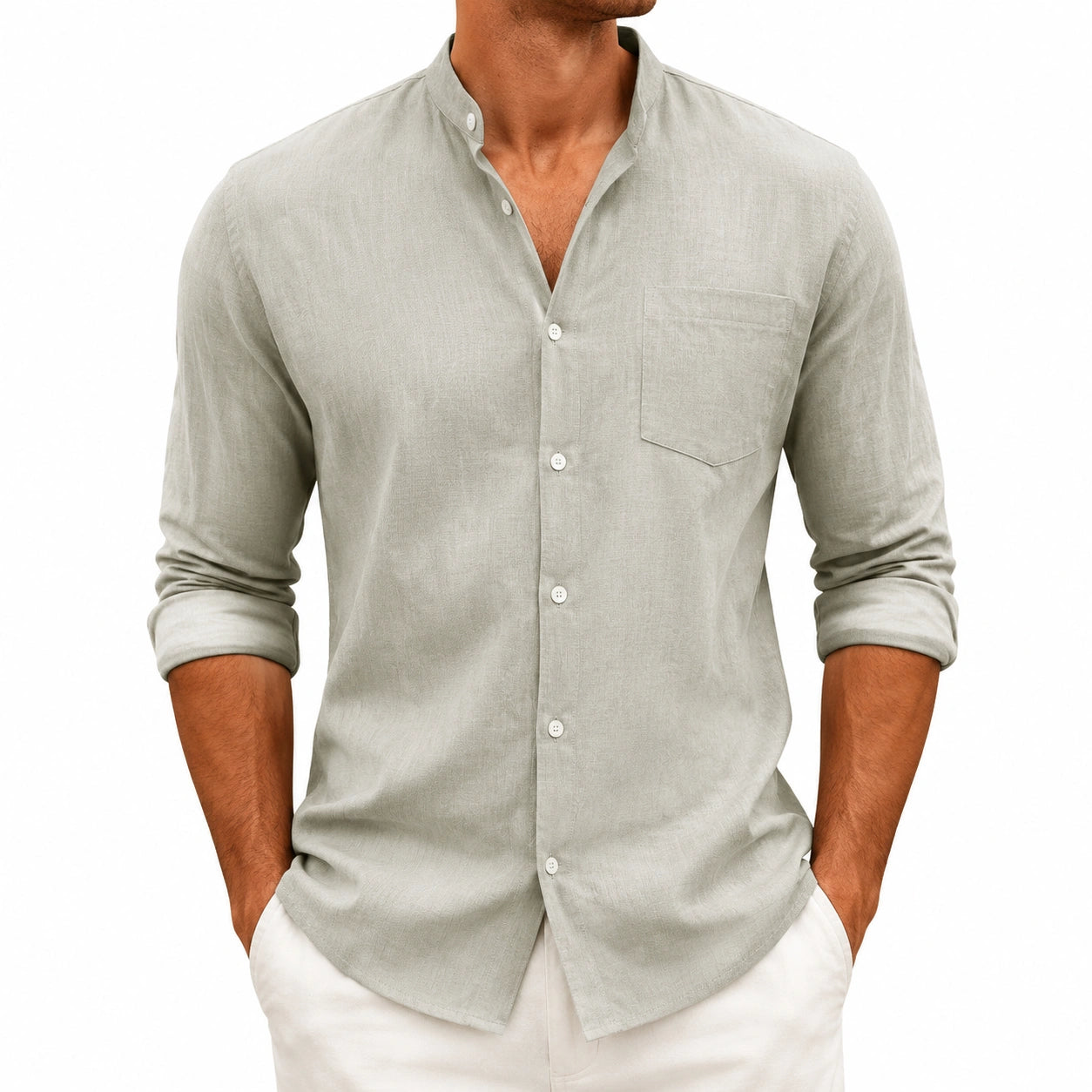 Camicia uomo taglia L in lino verde salvia con collo alla coreana e taschino