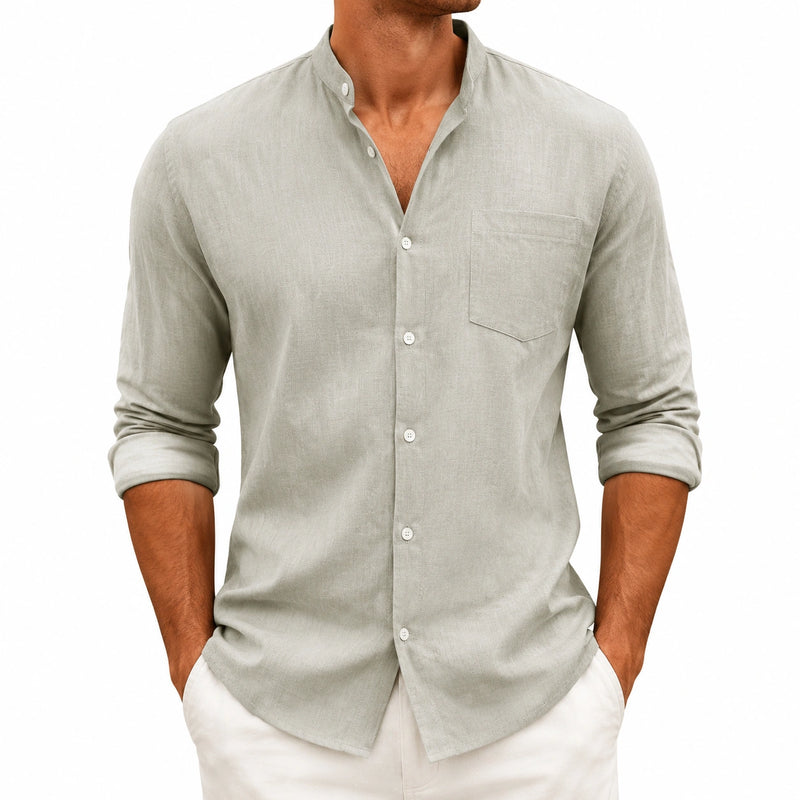 Camicia uomo taglia L in lino verde salvia con collo alla coreana e taschino