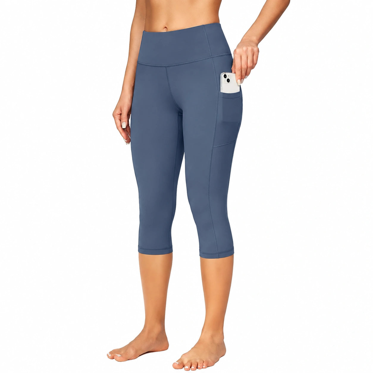 Leggings capri donna M in tessuto elasticizzato blu con tasca laterale per allenamento