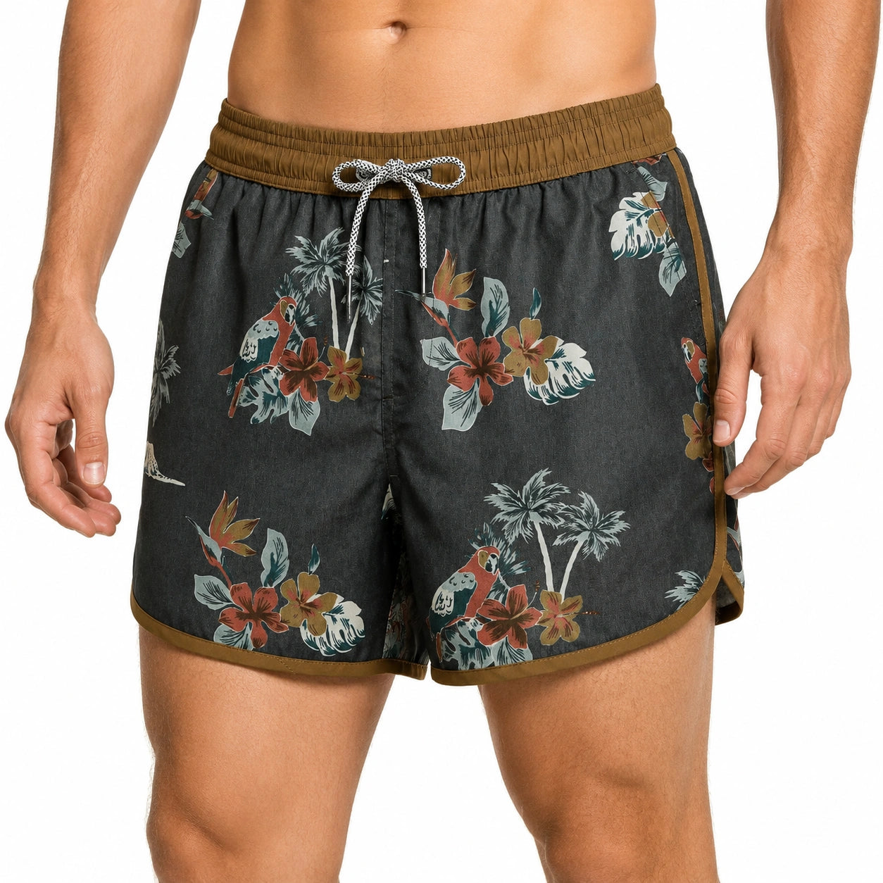 Costume da bagno uomo taglia M in tessuto sintetico nero con stampa tropicale e coulisse