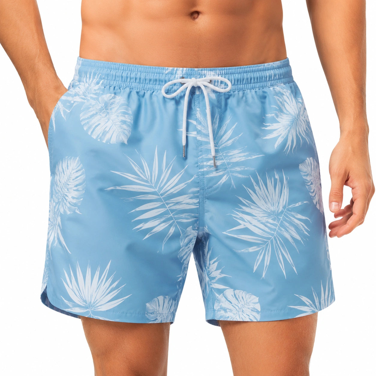 Costume da bagno uomo M azzurro in tessuto sintetico con stampa tropicale - pantaloncino mare con coulisse