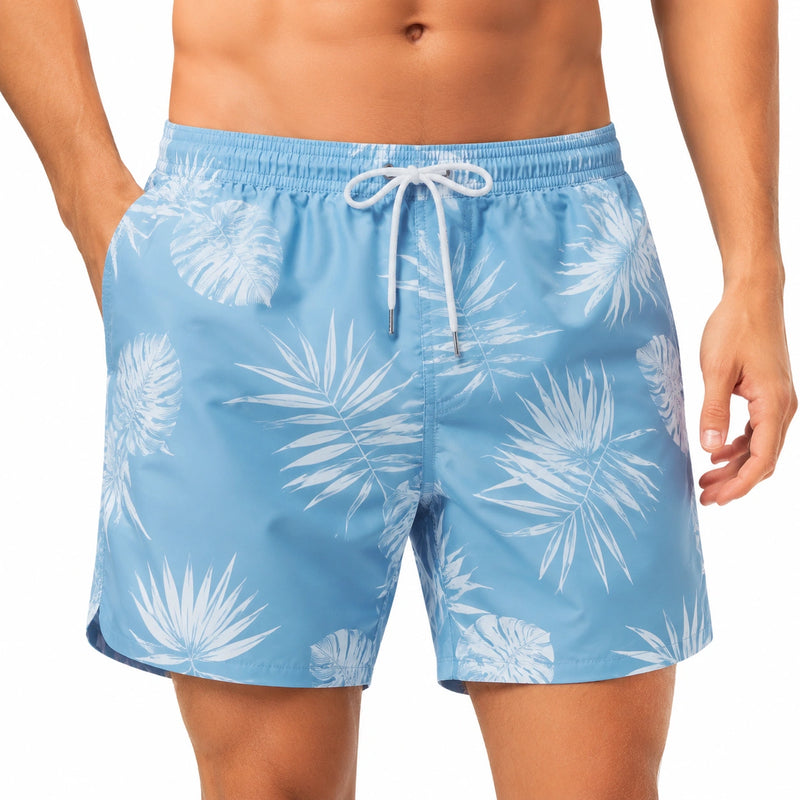 Costume da bagno uomo M azzurro in tessuto sintetico con stampa tropicale - pantaloncino mare con coulisse