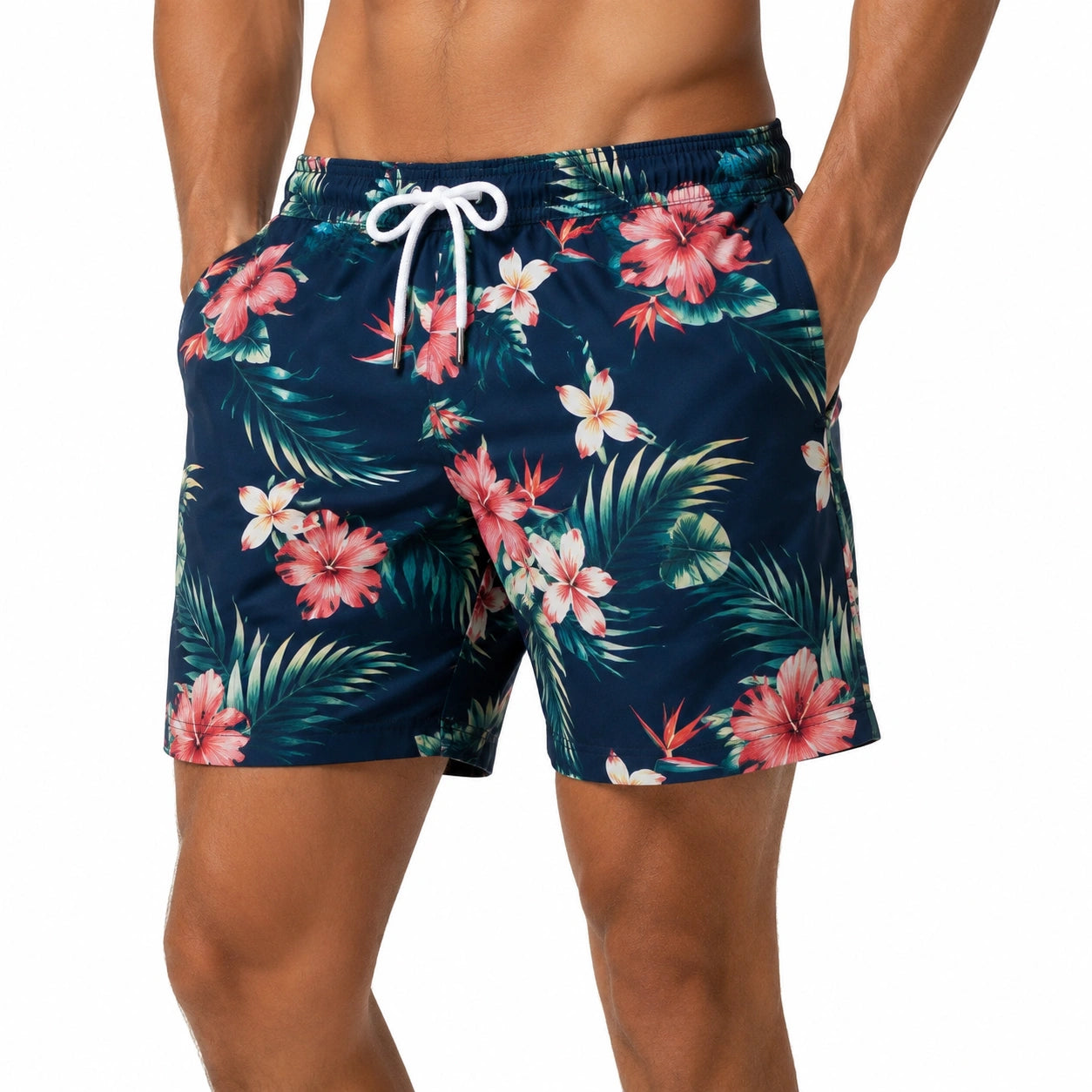 Costume da bagno uomo M in tessuto sintetico blu con stampa floreale e coulisse