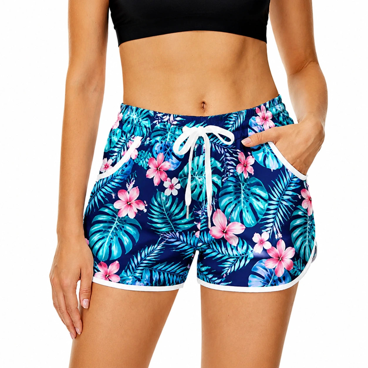 Pantaloncini da donna M in tessuto sintetico blu con stampa floreale - tasche laterali per tempo libero