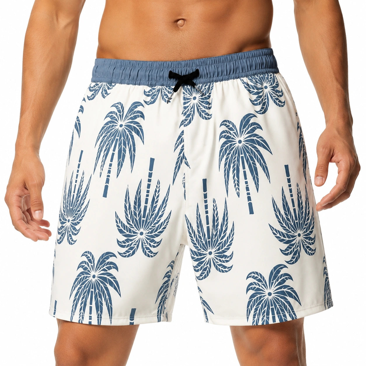 Costume da bagno uomo L bianco e blu con stampa palme e vita elasticizzata