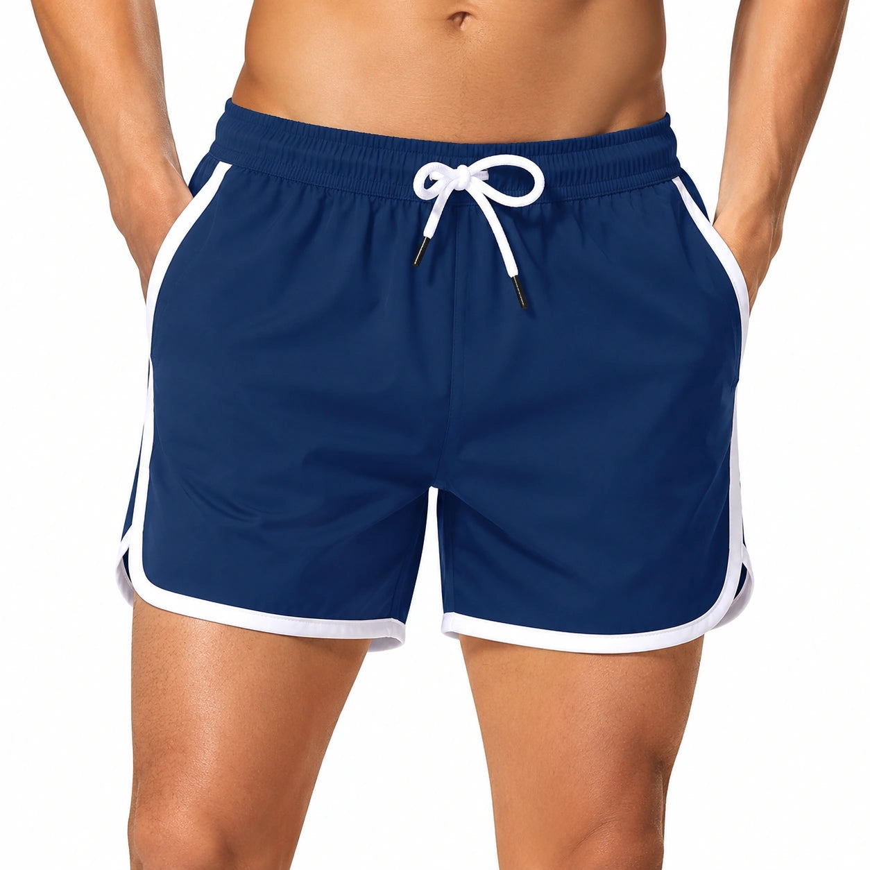 Costume da bagno uomo L blu navy con bordi bianchi - pantaloncino con coulisse e tasche