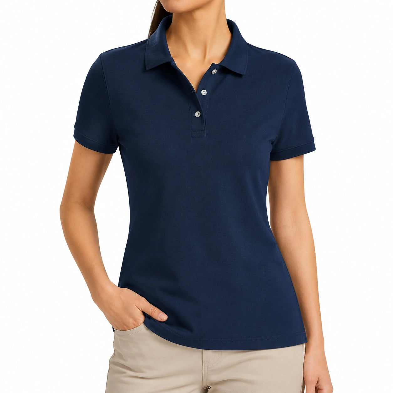 Polo donna taglia S blu navy a maniche corte in tessuto a maglia stile casual