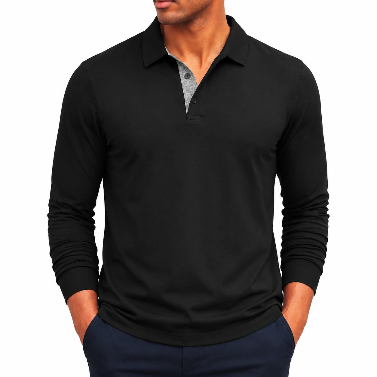 Polo uomo a manica lunga taglia L in tessuto elasticizzato nero e grigio stile casual