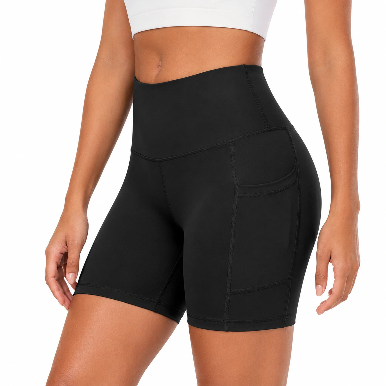 Pantaloncini sportivi donna taglia S in tessuto elasticizzato nero a vita alta con tasca laterale