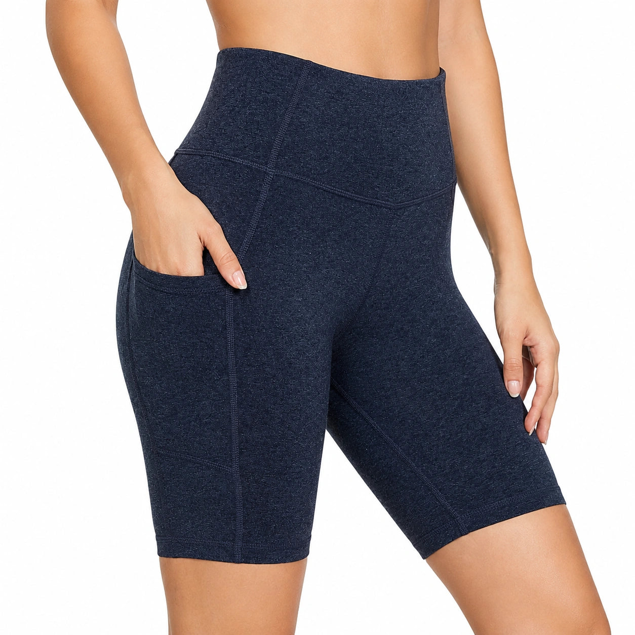 Pantaloncini ciclista donna M in tessuto elasticizzato blu navy a vita alta con tasca laterale