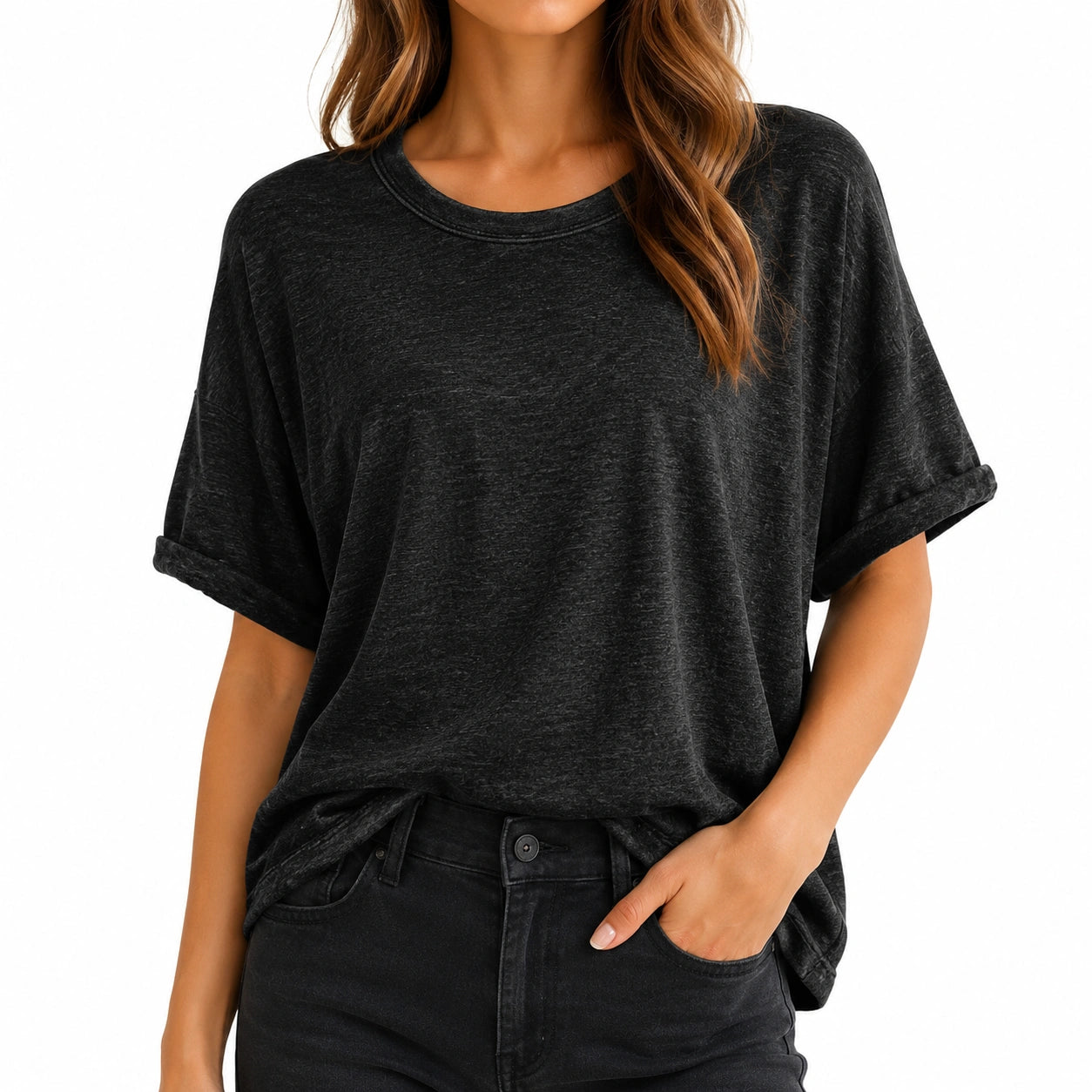 T-shirt donna taglia S in tessuto nero a maniche corte - vestibilità ampia casual