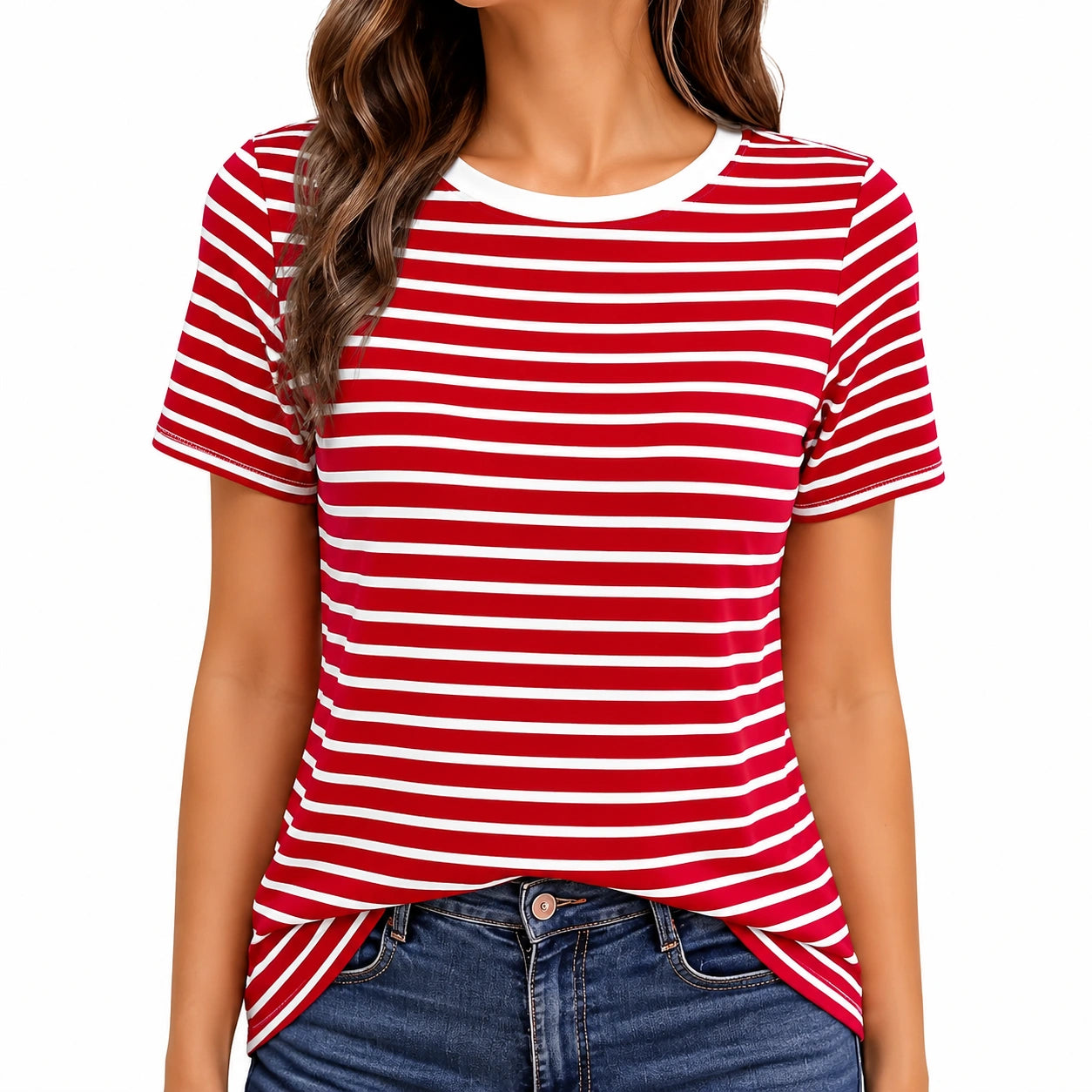 Maglietta da donna taglia M a righe rosso bianco in tessuto elasticizzato - girocollo casual