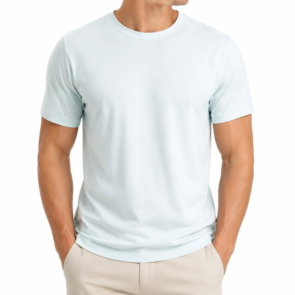 T-shirt uomo taglia L in tessuto a maglia azzurro chiaro - girocollo manica corta tinta unita