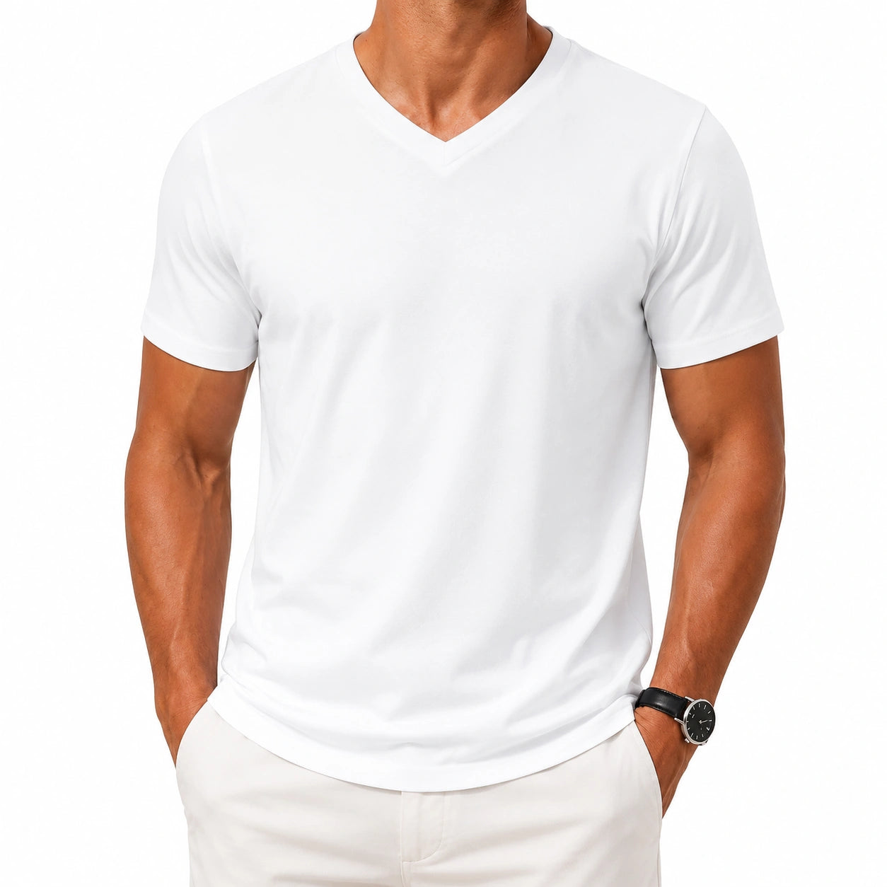 T-shirt uomo taglia L in tessuto bianco a maniche corte con scollo a V